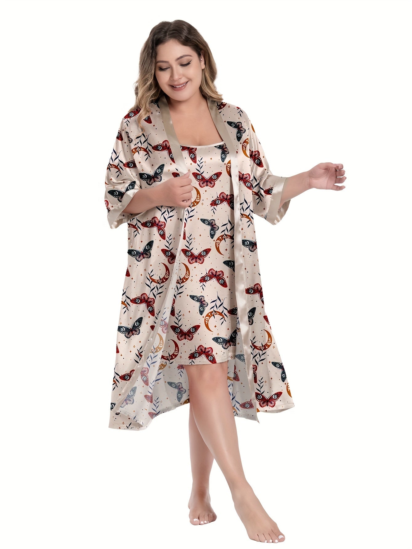  Butterfly Print Satin Pajama Set