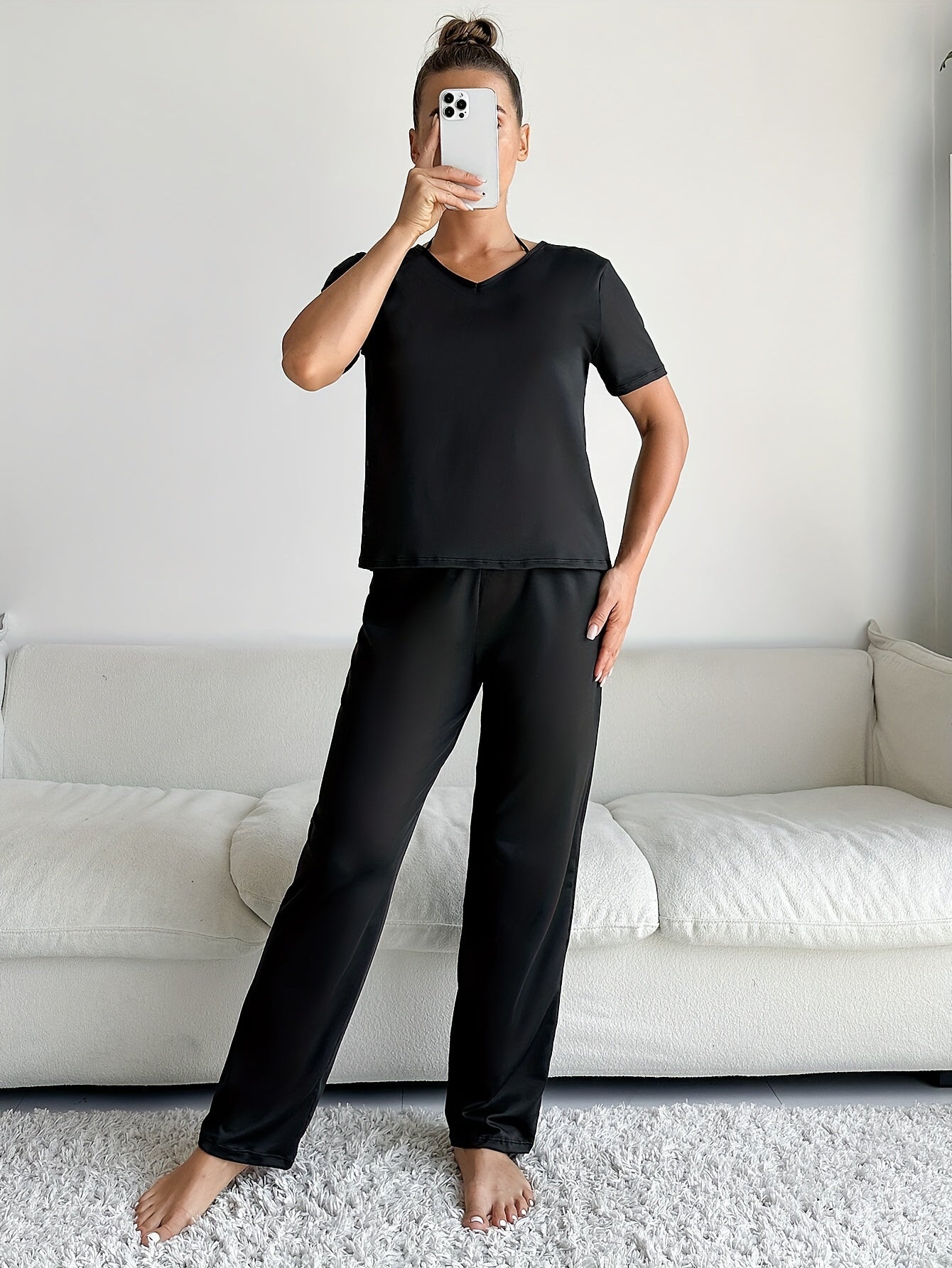 Solid Lounge Set V Neck Top & Elastic Waistband Pants Women's Loungewear