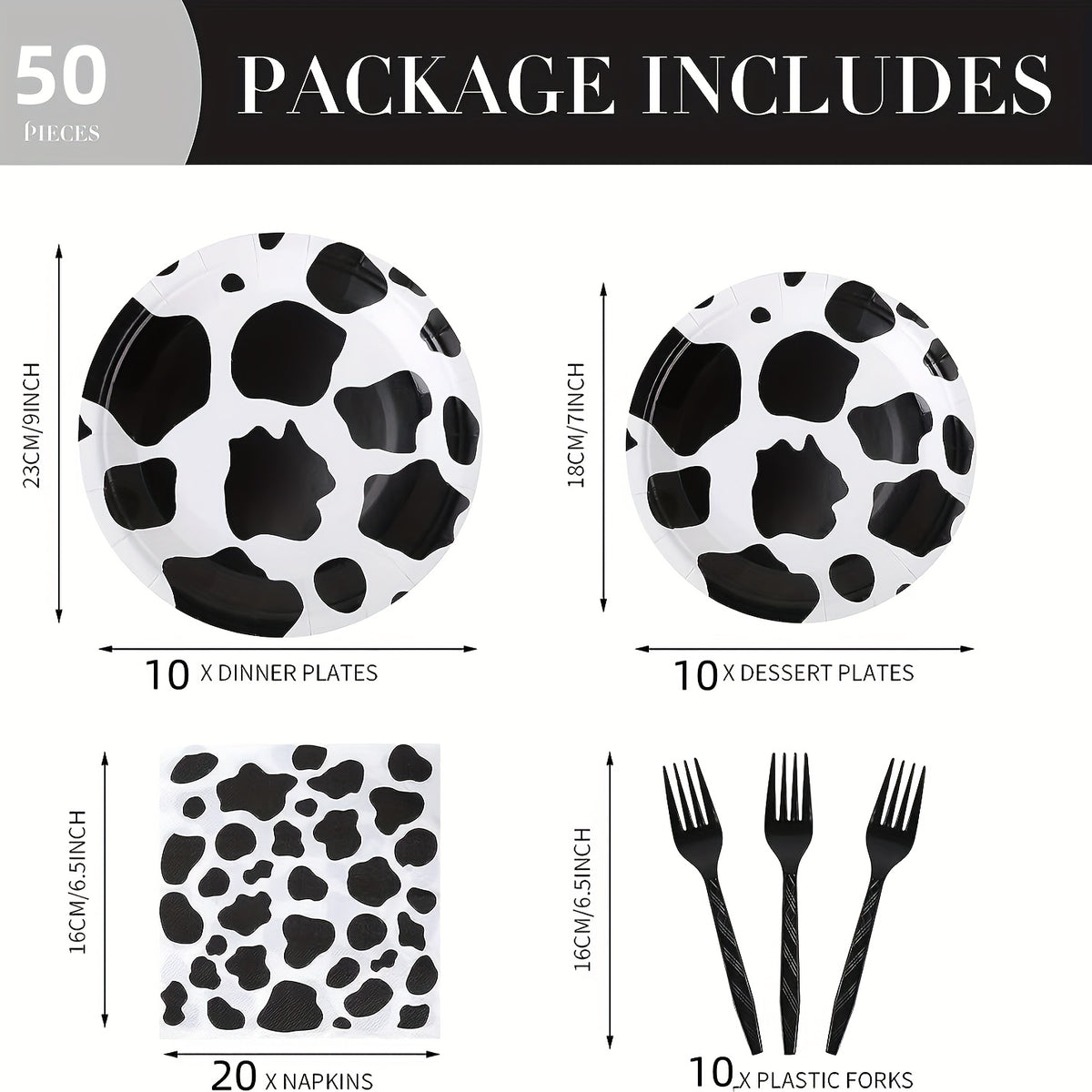 50pcs Cow Print Party Supplies Disposable Dinnerware