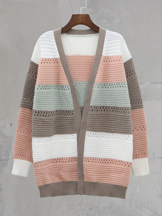  Colorblock Striped Open Front Cardigan