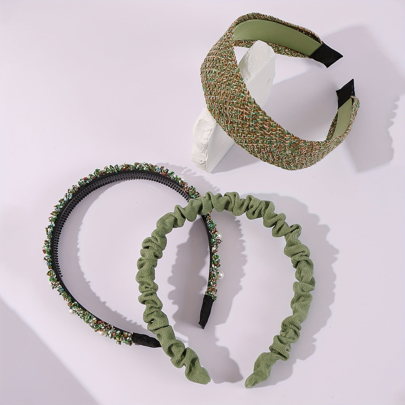 3pcs Green Headband Faux Pearl Headdress Women Girls Hair Band