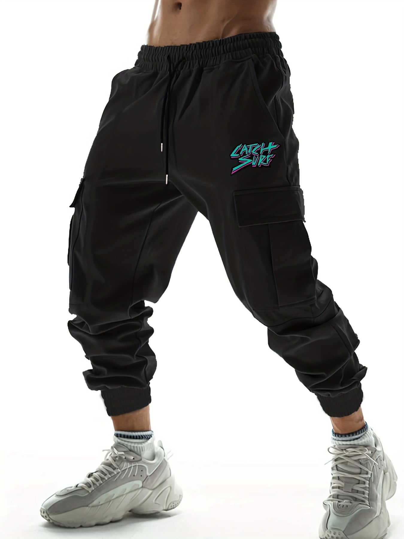 Cartoon Catch Surf Print Pocket Cargo Pants Men's Joggers
