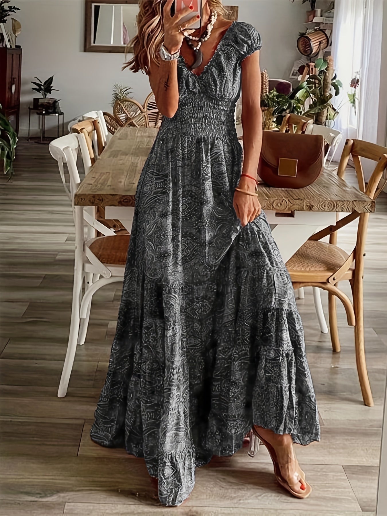  Floral Print Bubble Sleeve V Neck Nipped Waist Maxi Dress