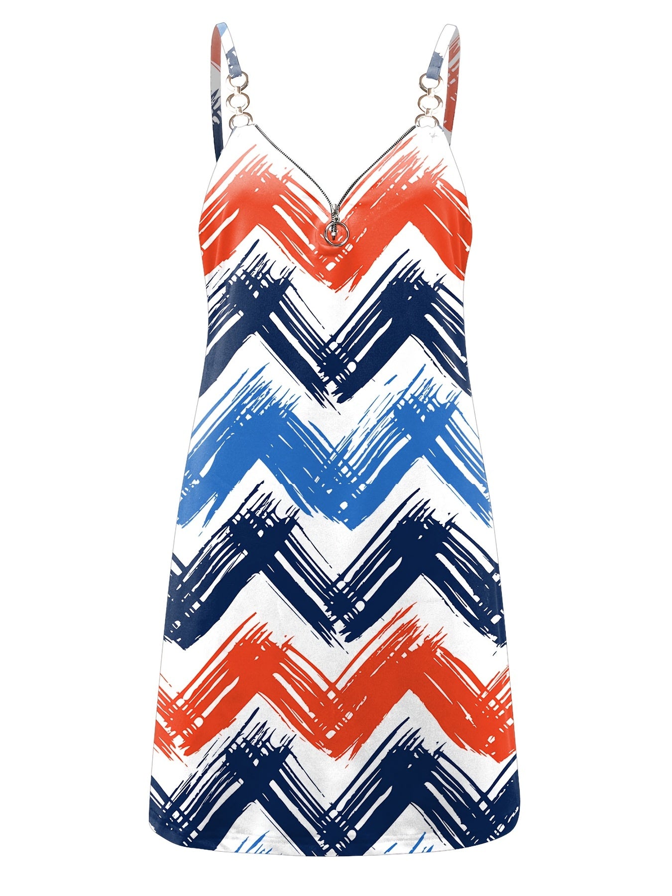  Brush Print Zipper Backless V Neck Mini Cami Dress
