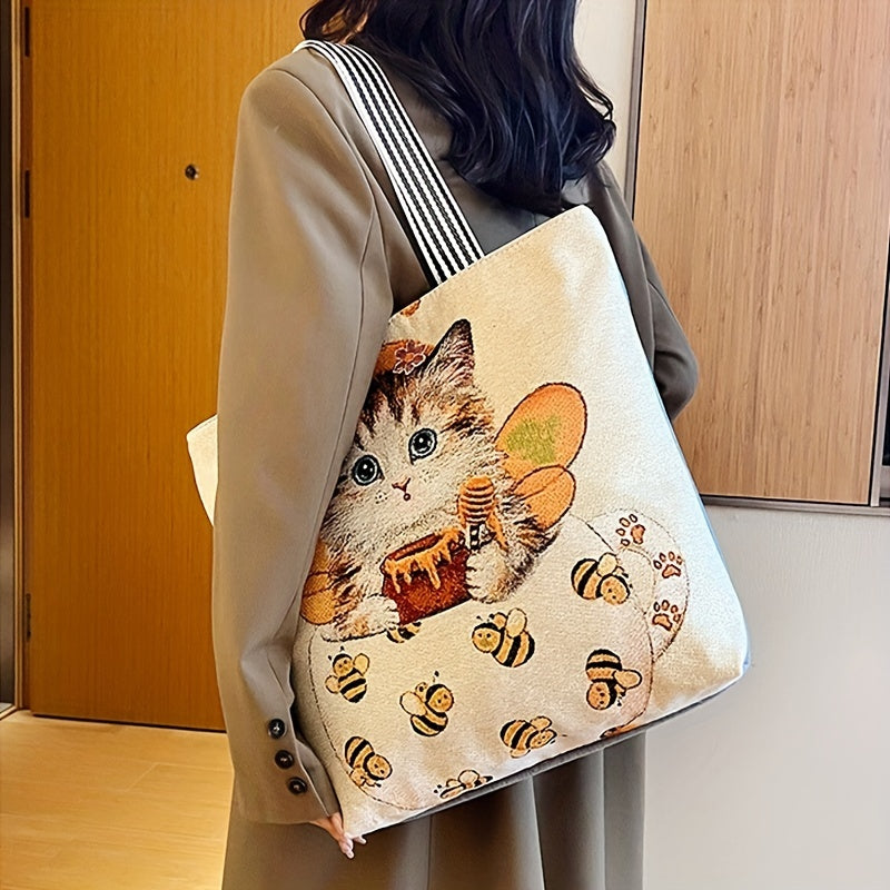 Cartoon Print Retro Tote Bag Large Shoulder Bag Women's Casual Handbag