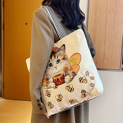 Cartoon Print Retro Tote Bag Large Shoulder Bag Women's Casual Handbag