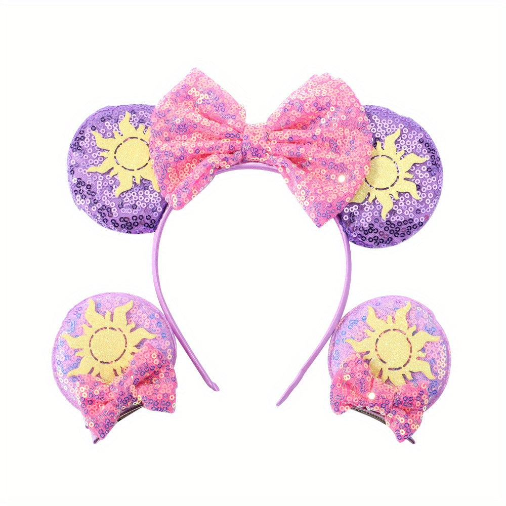 4pcs Mouse Ear Shaped Headband Hair Clips Set for Holiday Party Girls