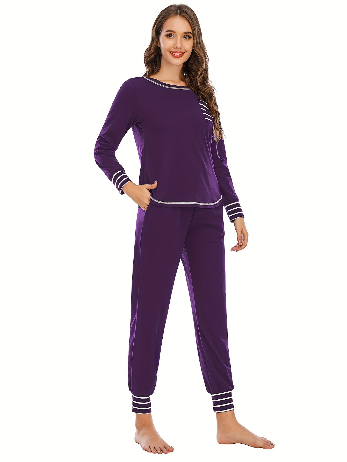 Striped Print Lounge Set Long Sleeve Top & Elastic Waistband Pants
