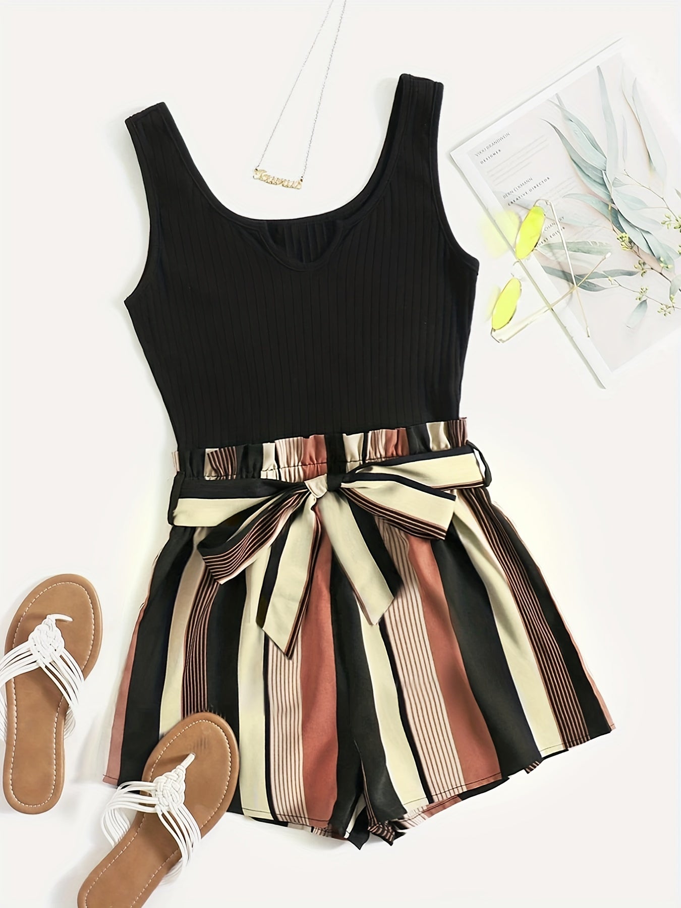 Stripe Print Belted Romper Jumpsuit Casual Sleeveless Tank Romper Jumpsuit