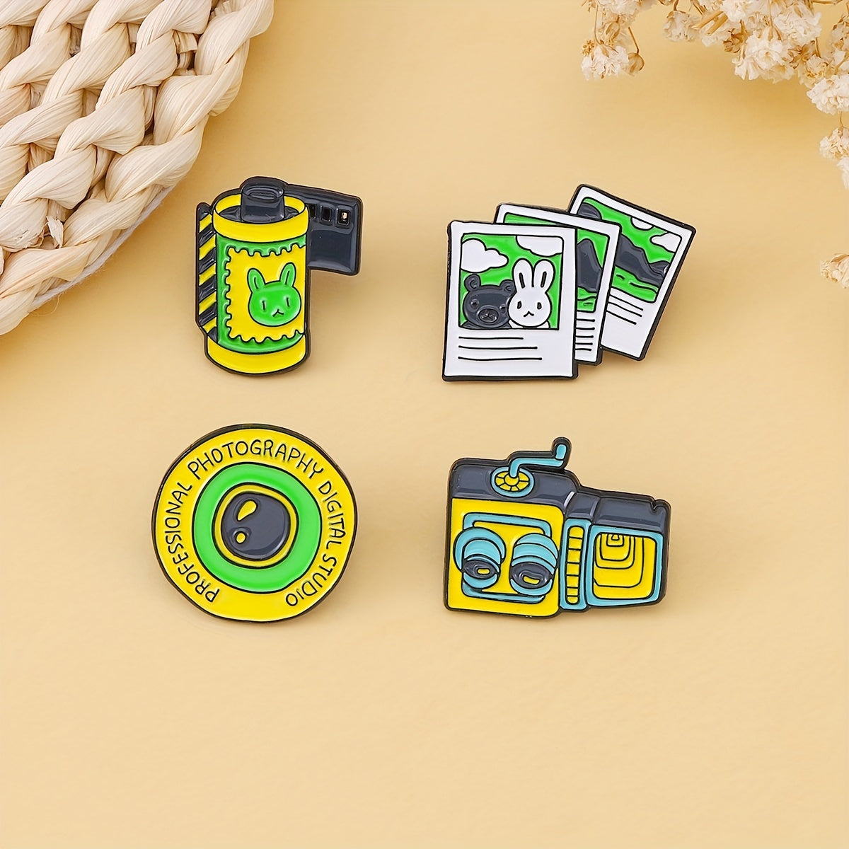 Camera Film Lens Enamel Brooch Cartoon Rabbit Bear Photo Lapel Pin