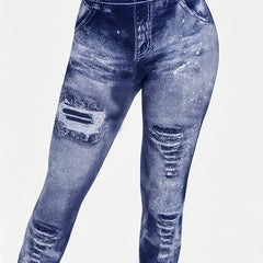  Denim Print Elastic High Rise Crop Leggings