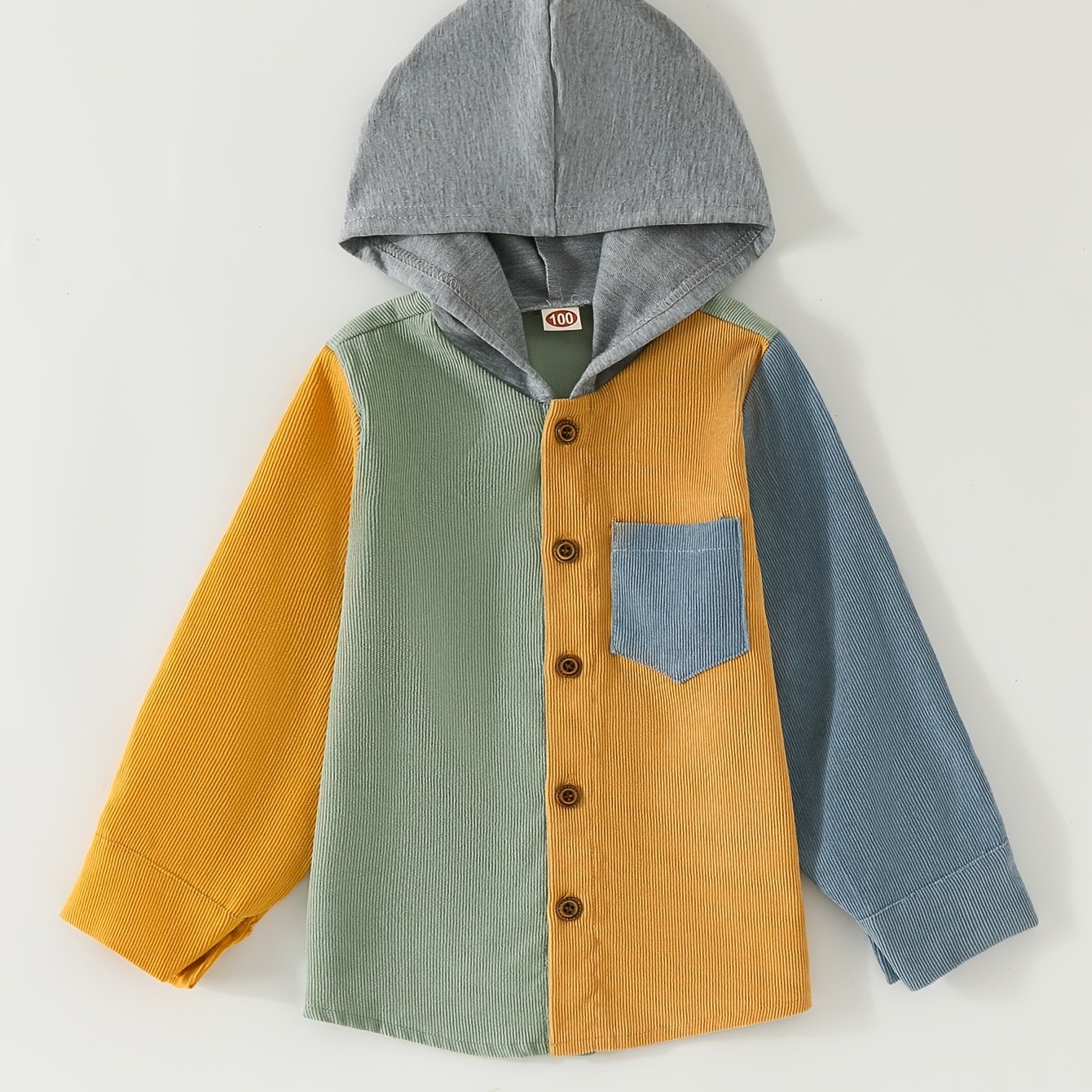Boys Corduroy Hooded Jacket Long Sleeve Button Down for Spring Fall