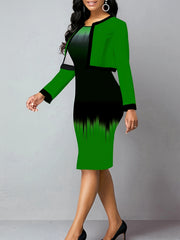  Colorblock Ombre Print Dress & Cardigan 2 Piece Set