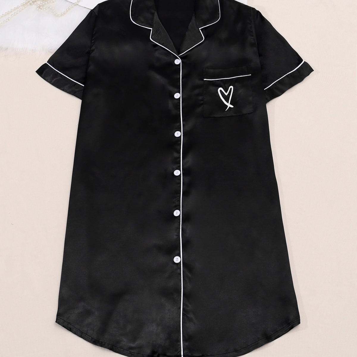  Satin Trim Short Sleeve Sleep Dress
