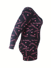  Sexy Lounge Romper Women's Plus Heart & Letter Print Long Sleeve