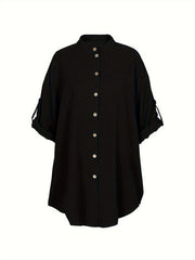  Solid Long Sleeve Button Up Blouse
