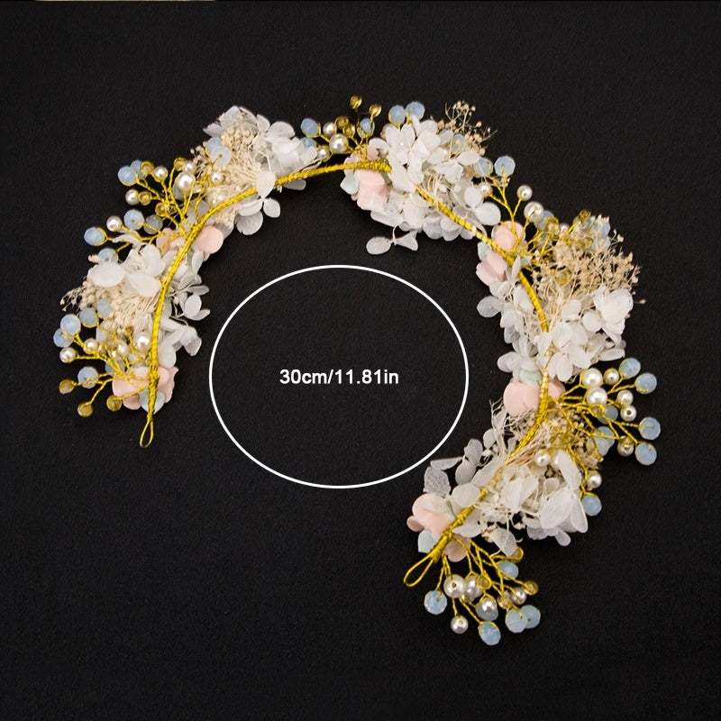 Bridal Headband Wedding Hair Band with Faux Crystal Pearl Flower