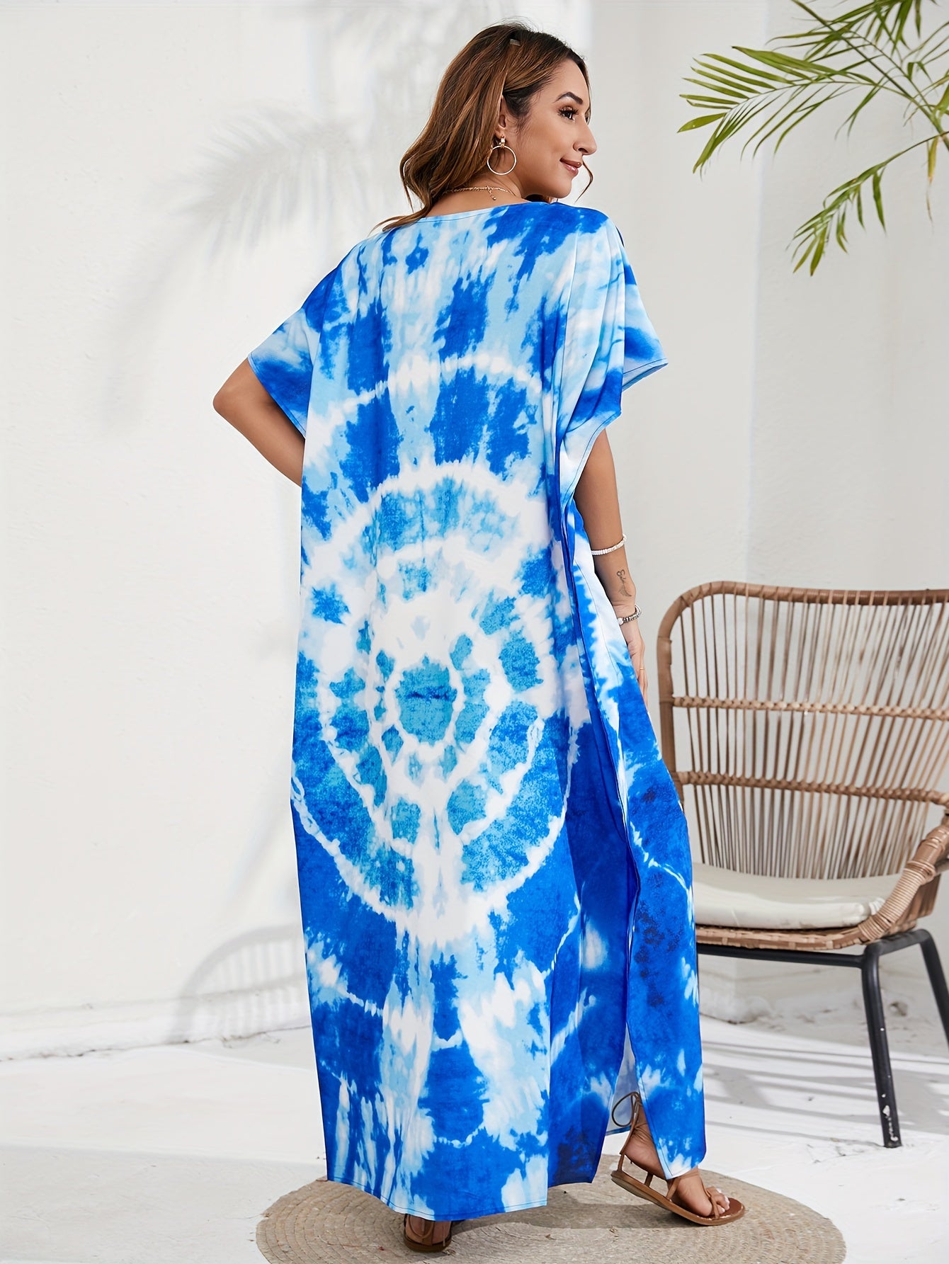  Boho Cover Up Spiral Tie Dye Print Kaftan Maxi Dress