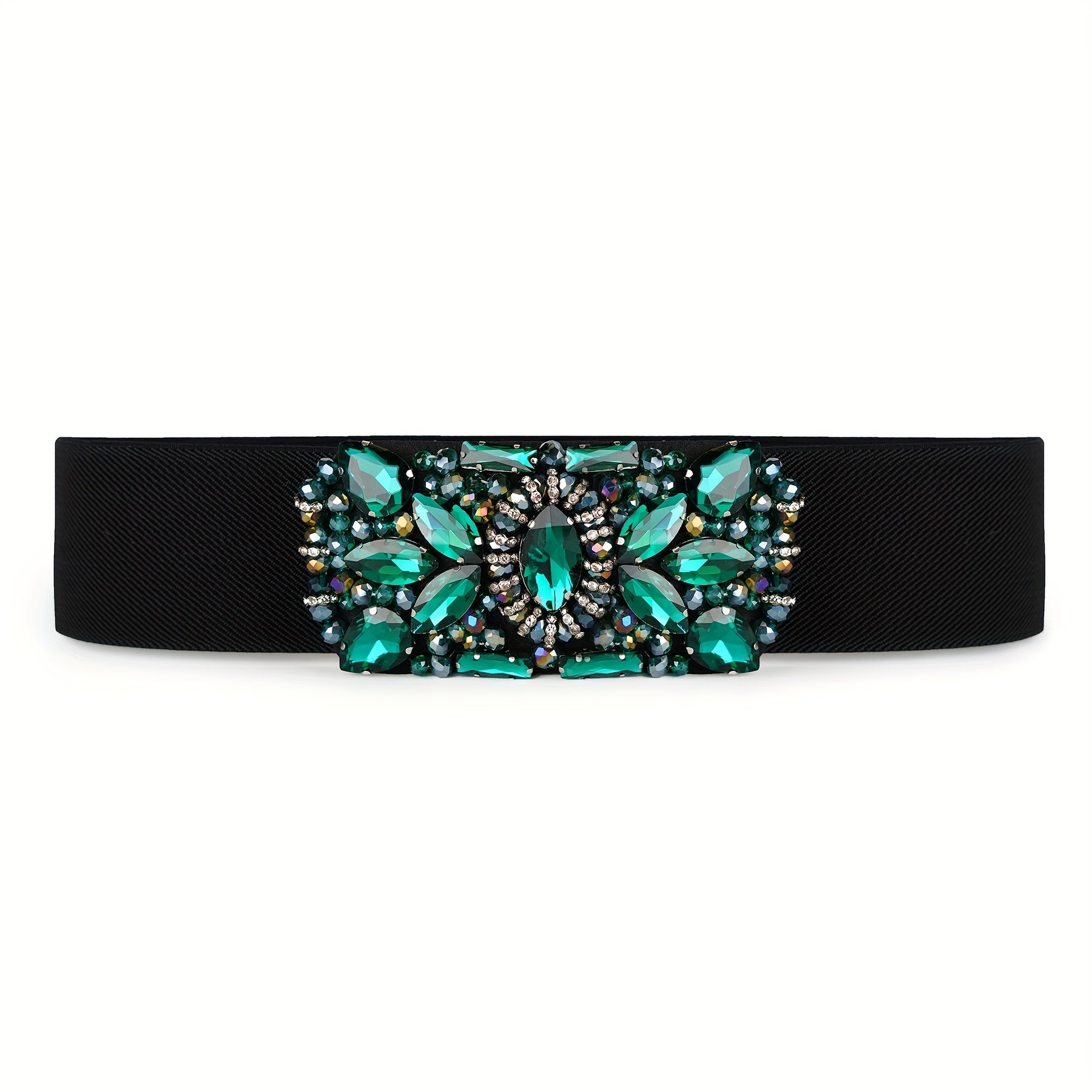 Green Rhinestone Wide Belt Full Crystal Buckle Vintage Elastic Waistband