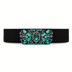 Green Rhinestone Wide Belt Full Crystal Buckle Vintage Elastic Waistband