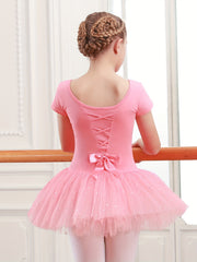 Girls Cotton Splicing Bow Decor Sequin Tutu Ballet Leotard