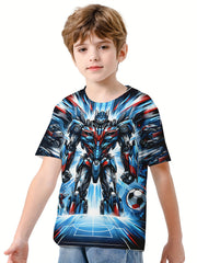 Robot Warrior Print Boy's Tees Short Sleeve Crew Neck Comfy T shirt