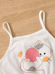 Toddler Girls Cat Graphic Bow Front Cami Romper Summer Clothes