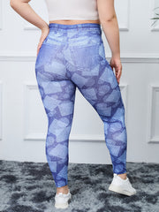  Geometric & Denim Print High Rise Fitness Leggings Women's Plus