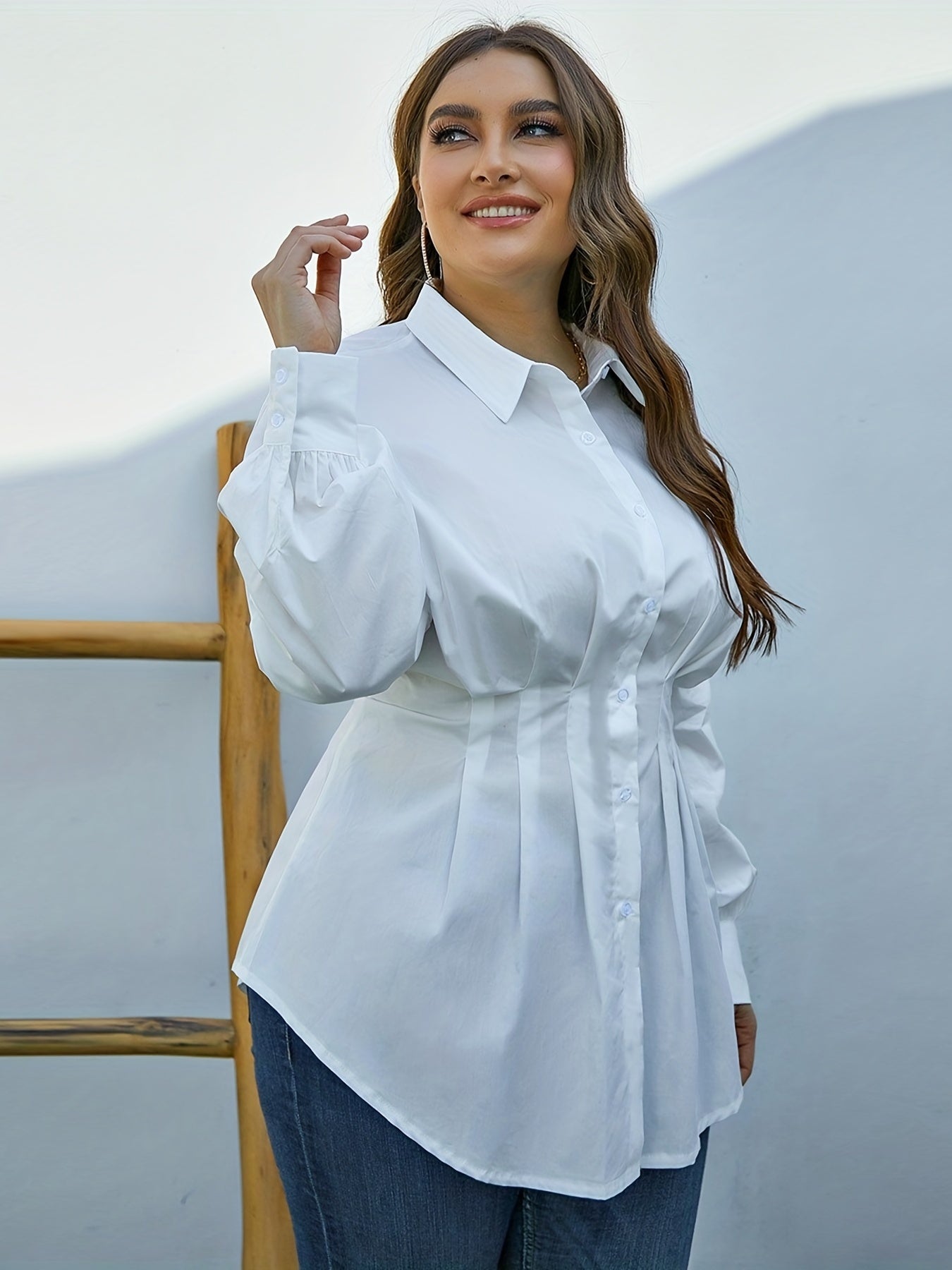  Button Up Tunic Blouse Slim Fit Long Sleeve Casual Shirt