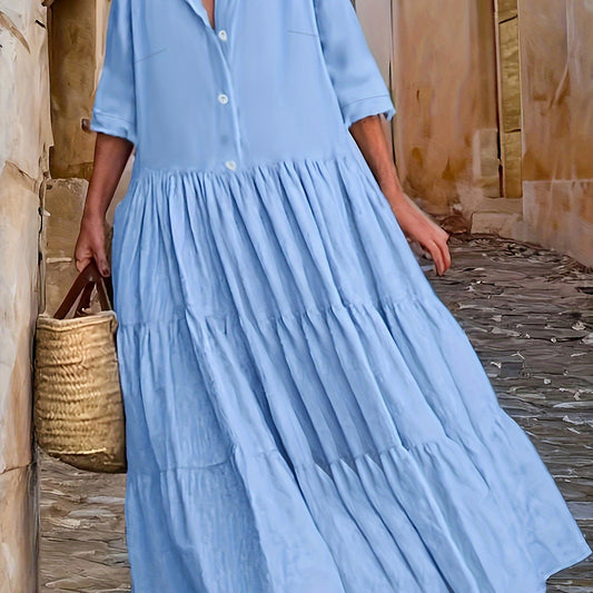  Long Sleeve Button Up Collar Maxi Dress