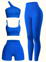 4pc Yoga Set One Shoulder Sports Bra, Cami, Shorts, Leggings