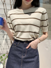Stripe Print Knitted Pullover Top Short Sleeve Crew Neck