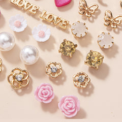 30 Pairs Assorted Stud Earrings Set with Zircon and Flower Designs