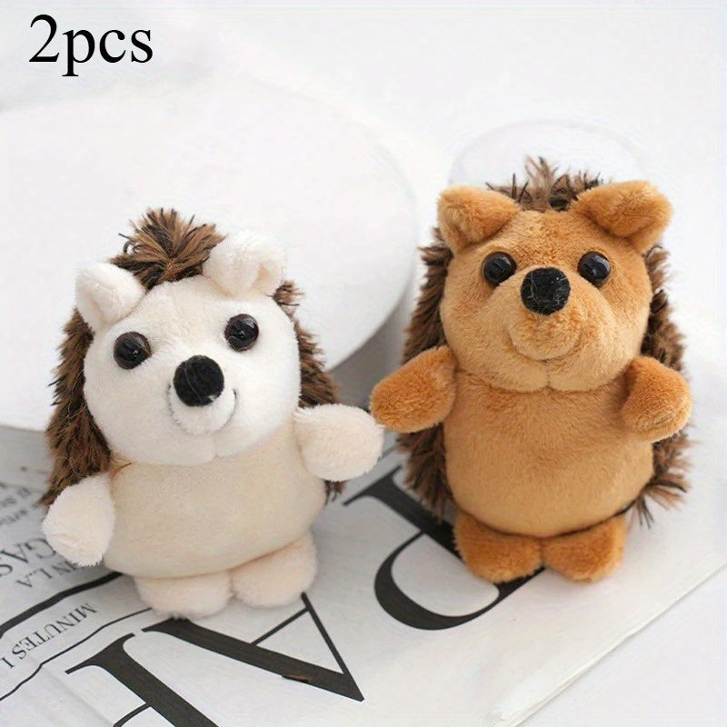 2pcs Hedgehog Plush Toys Keychain Soft Stuffed Animals Beige & Brown
