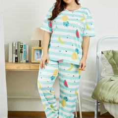  Striped & Fruit Print Pajama Set Short Sleeve T shirt & Pants