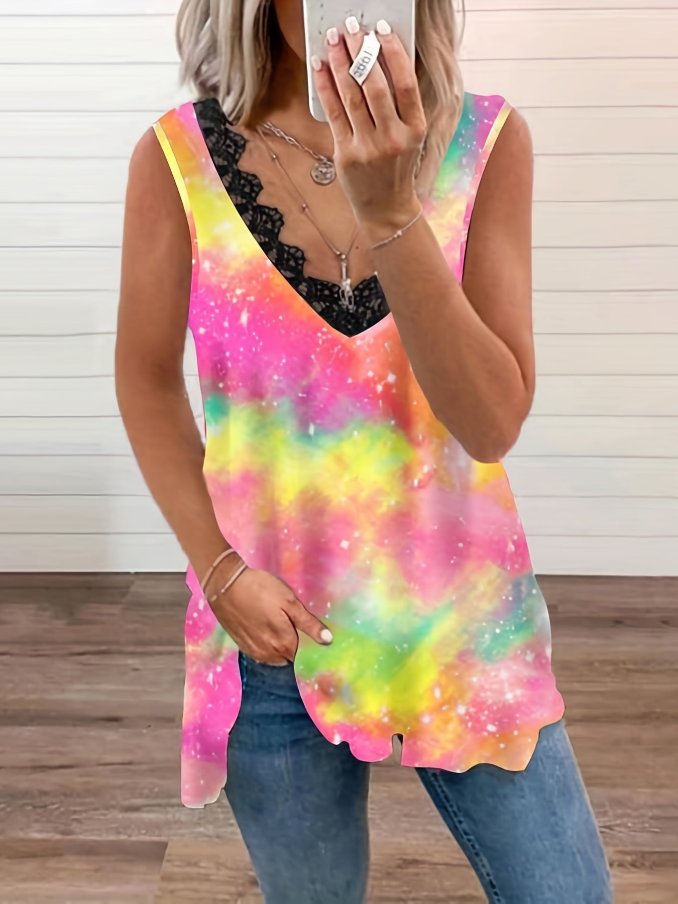  Tie Dye Lace Trim Tank Top V Neck