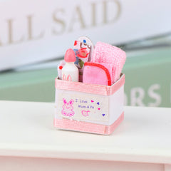 1:12 Scale Plastic Dollhouse Accessories Set with Storage Basket Pink and Teapot
