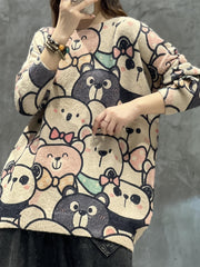  Bear Print Long Sleeve Round Neck Sweater