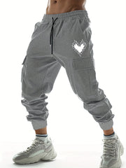 Fiery Heart Pattern Casual Drawstring Cargo Pants Men s Joggers