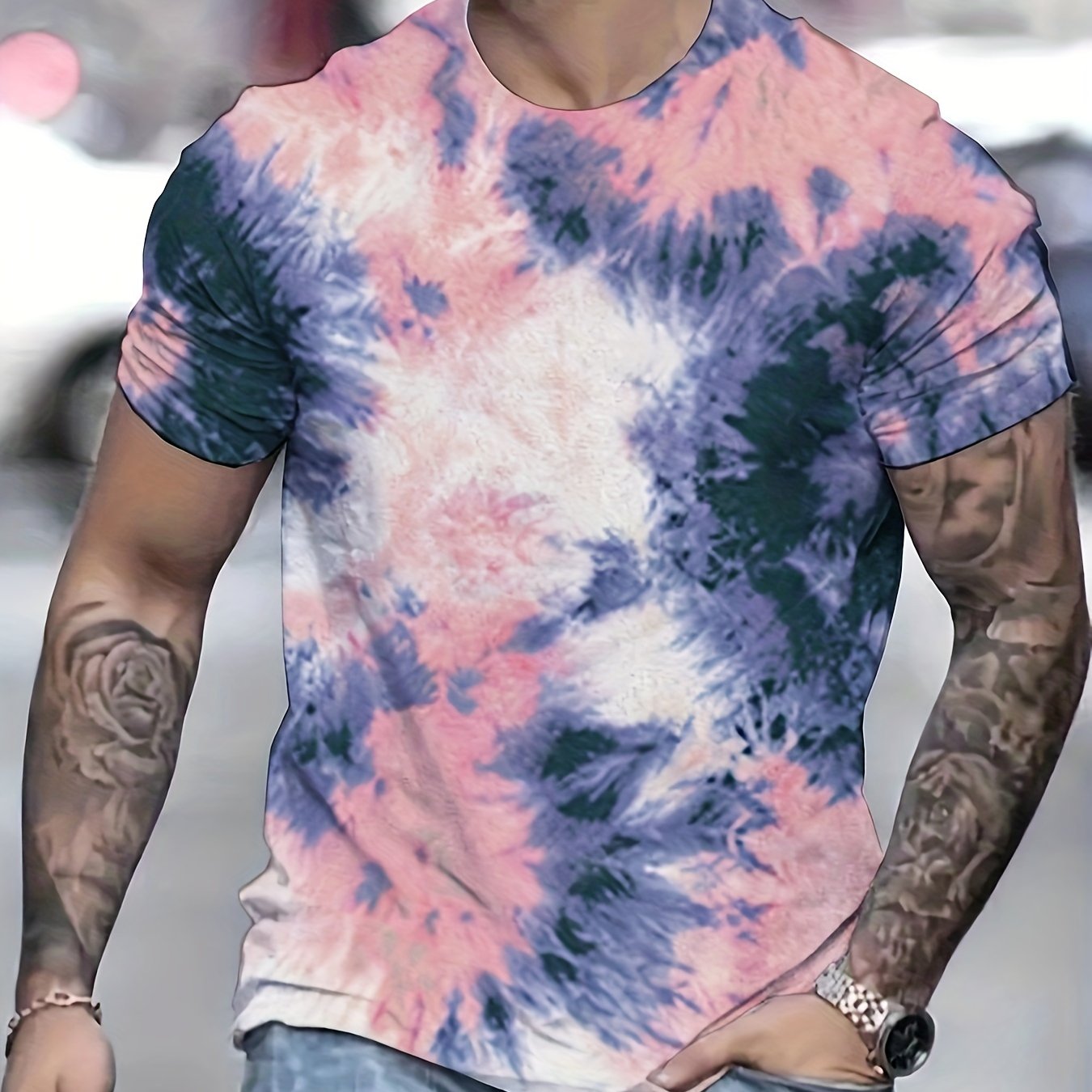 Men's Tie Dye Sports T shirt Casual Stretch Round Neck Tee Shirt
