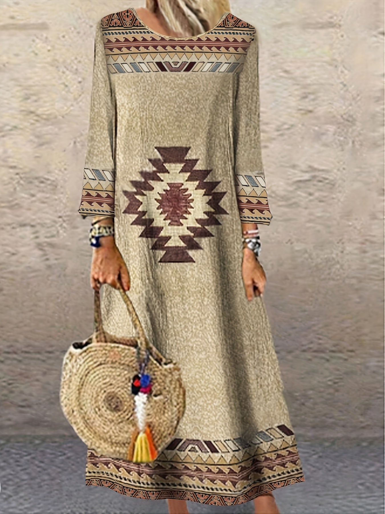  Southwest Print Long Sleeve Maxi Dress