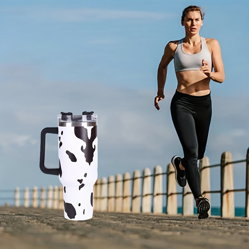 40oz Cow Print Insulated Tumbler with Handle & Straw Lid