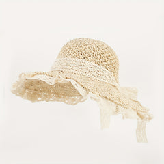 Foldable Straw Sun Hat Lace Edge Handwoven Hollow Butterfly Knot Beach Hat
