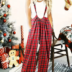  Plaid Print Wide Leg Overalls With Pockets