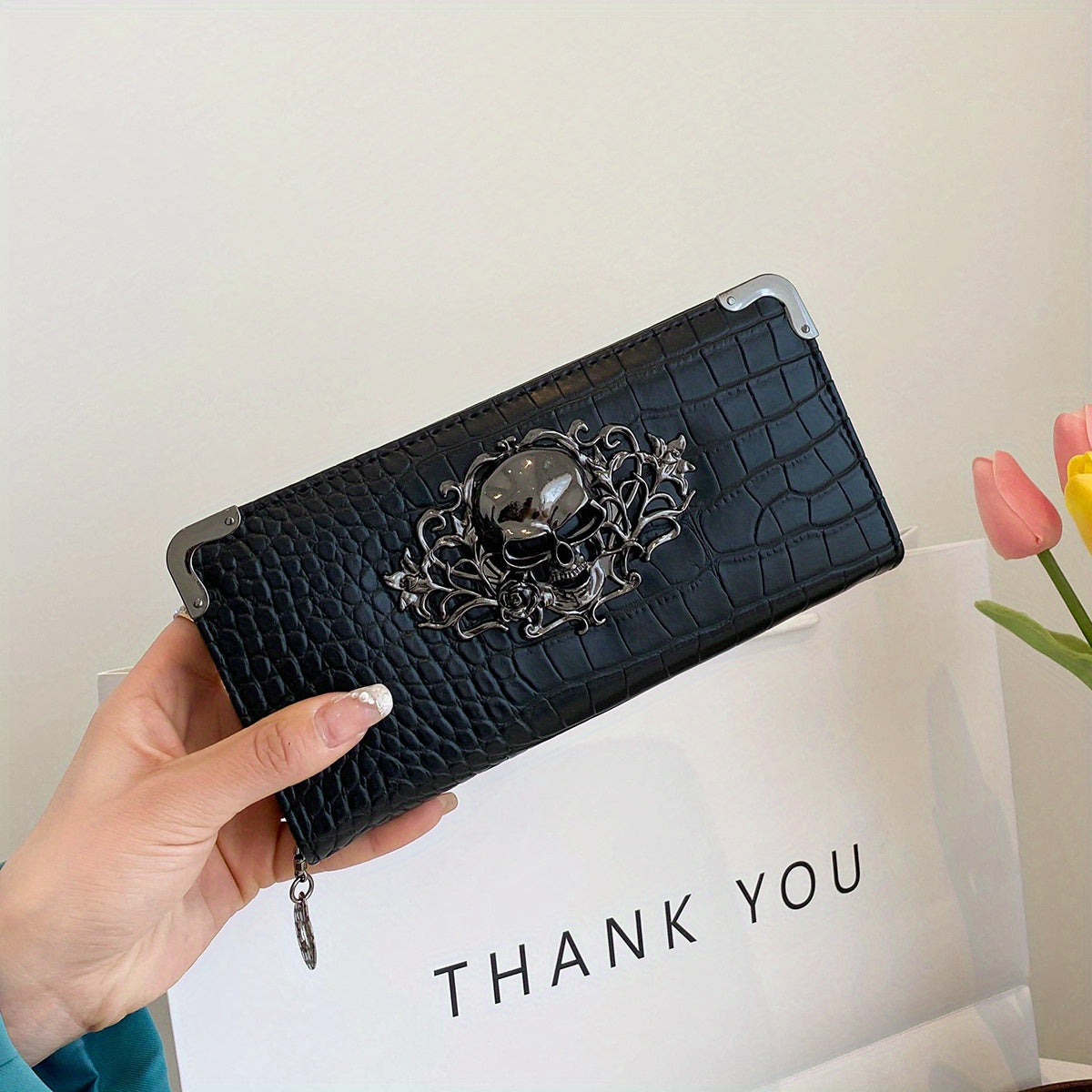 Crocodile Pattern Wallet Faux Leather Credit Card Organizer with Skull Decor