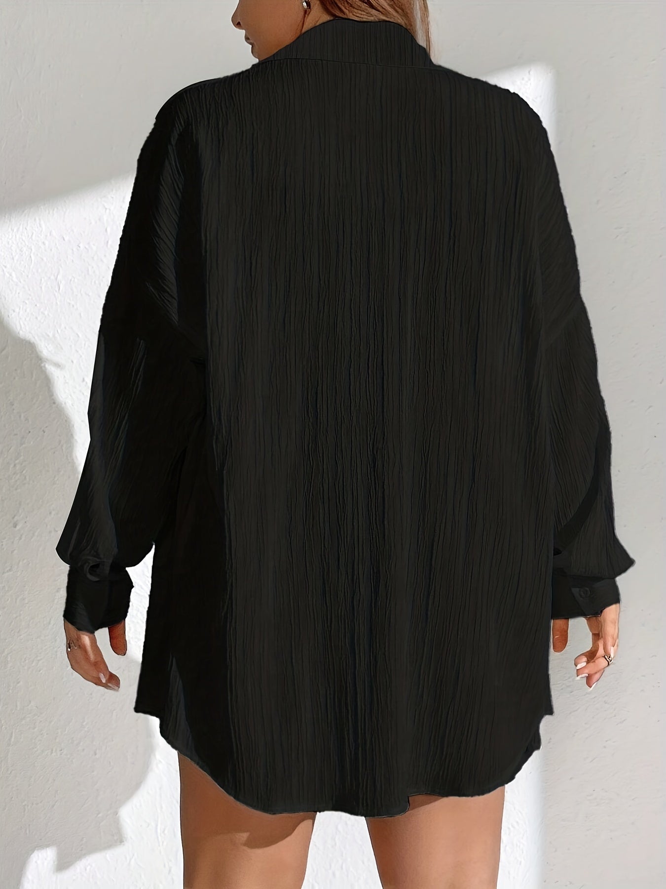  Solid Crinkle Button Up Long Sleeve Blouse