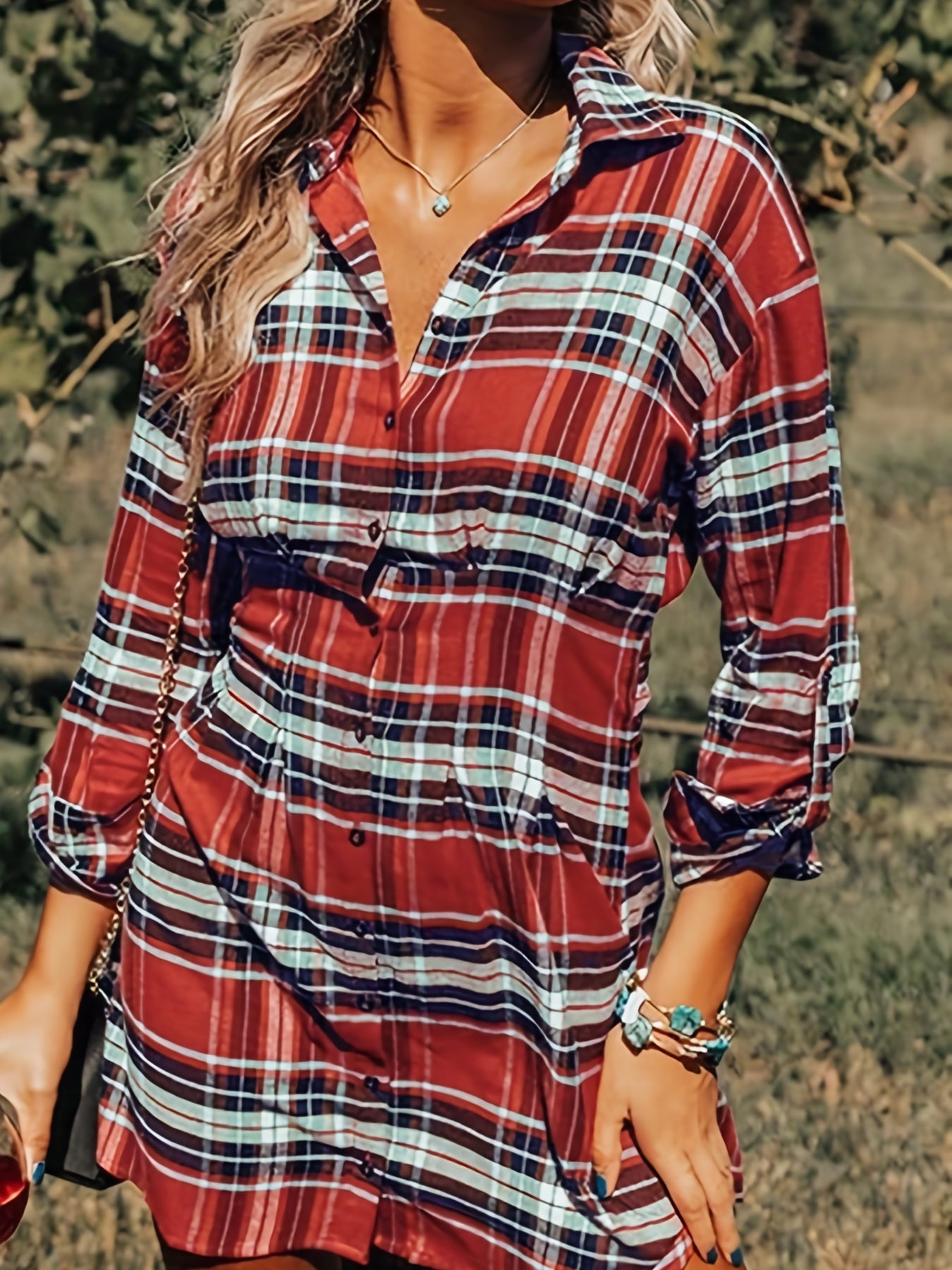  Plaid Print Roll Up Sleeve Shirt Dress