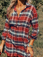  Plaid Print Roll Up Sleeve Shirt Dress