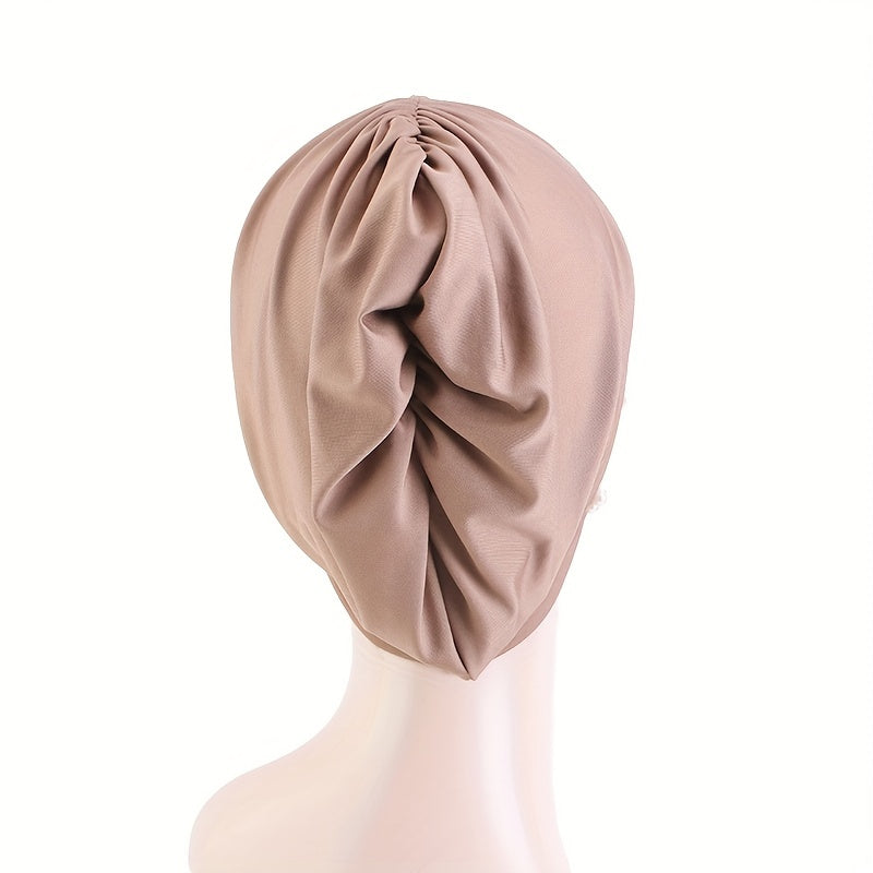 Faux Pearl Decor Turban Cap Solid Beanie Ruched Head Wrap