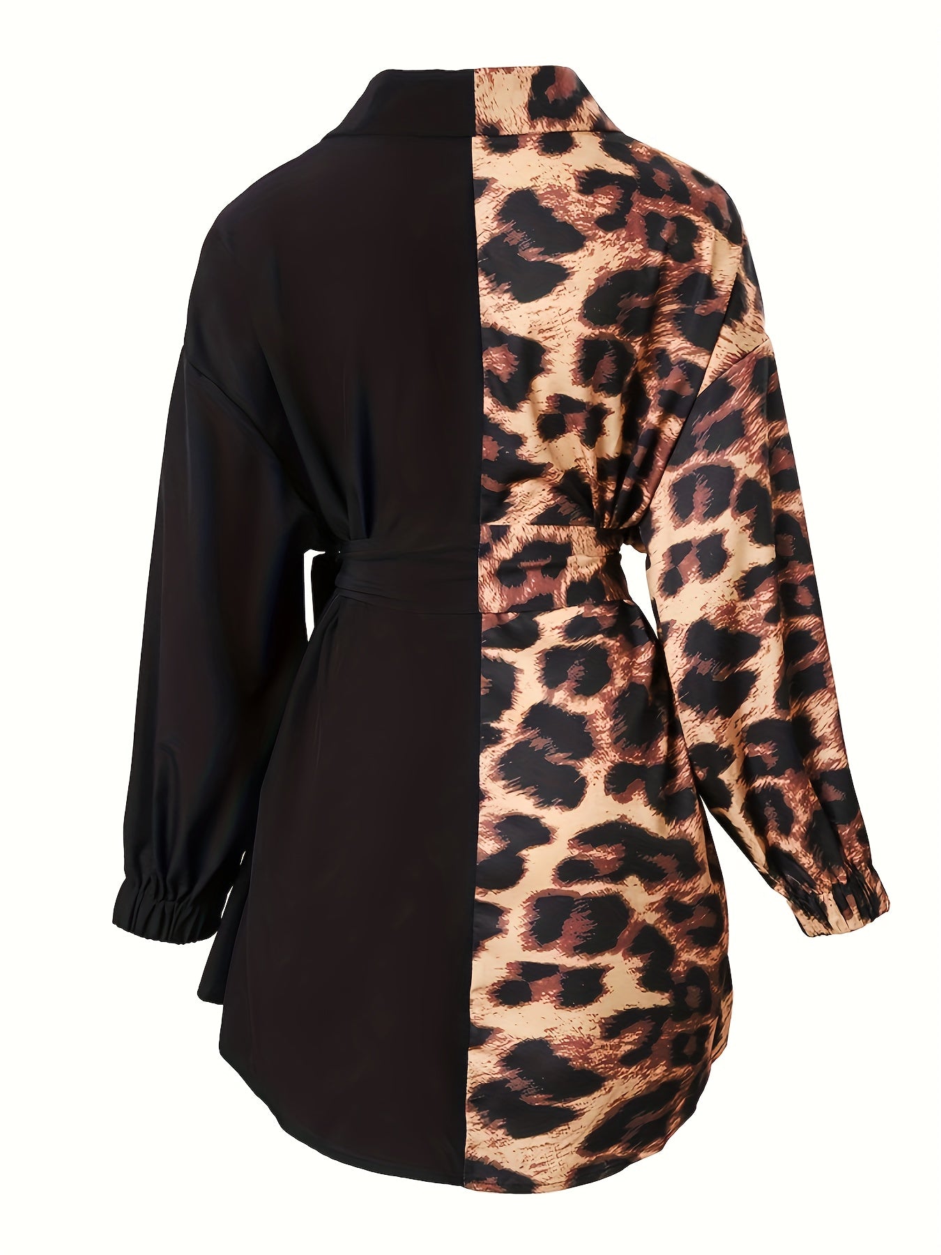  Colorblock Leopard Print Long Sleeve Button Up Tunic Shirt Top